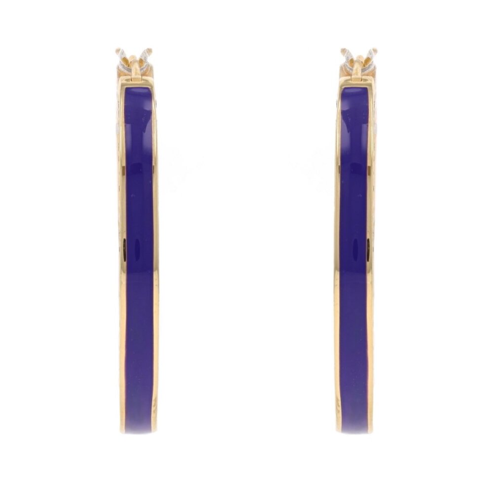 Yellow Gold Diamond & Blue Enamel Hoop Earrings - 14k Round 1.26ctw Pierced
